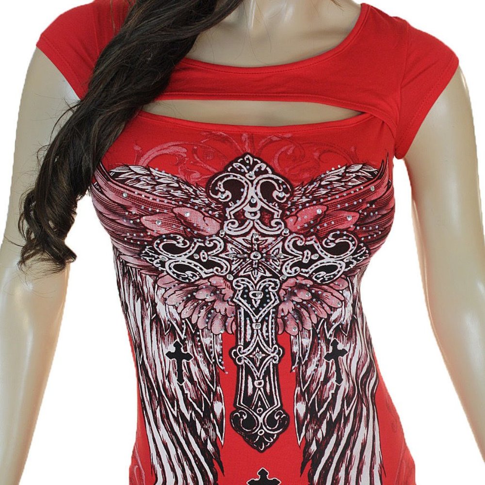 LAST ONE!! Red Bling Cross Angel Wing Peek A Boo Top